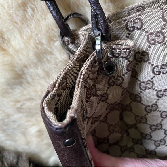 Authentic Gucci Tote Bag GG Canvas Brown Cinghiale Leather Great Condition! - Picture 8 of 16